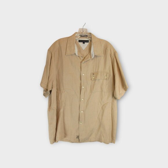 Tommy Hilfiger Linen Short Sleeve Casual Button Down Shirt Size L Tan - Picture 1 of 11